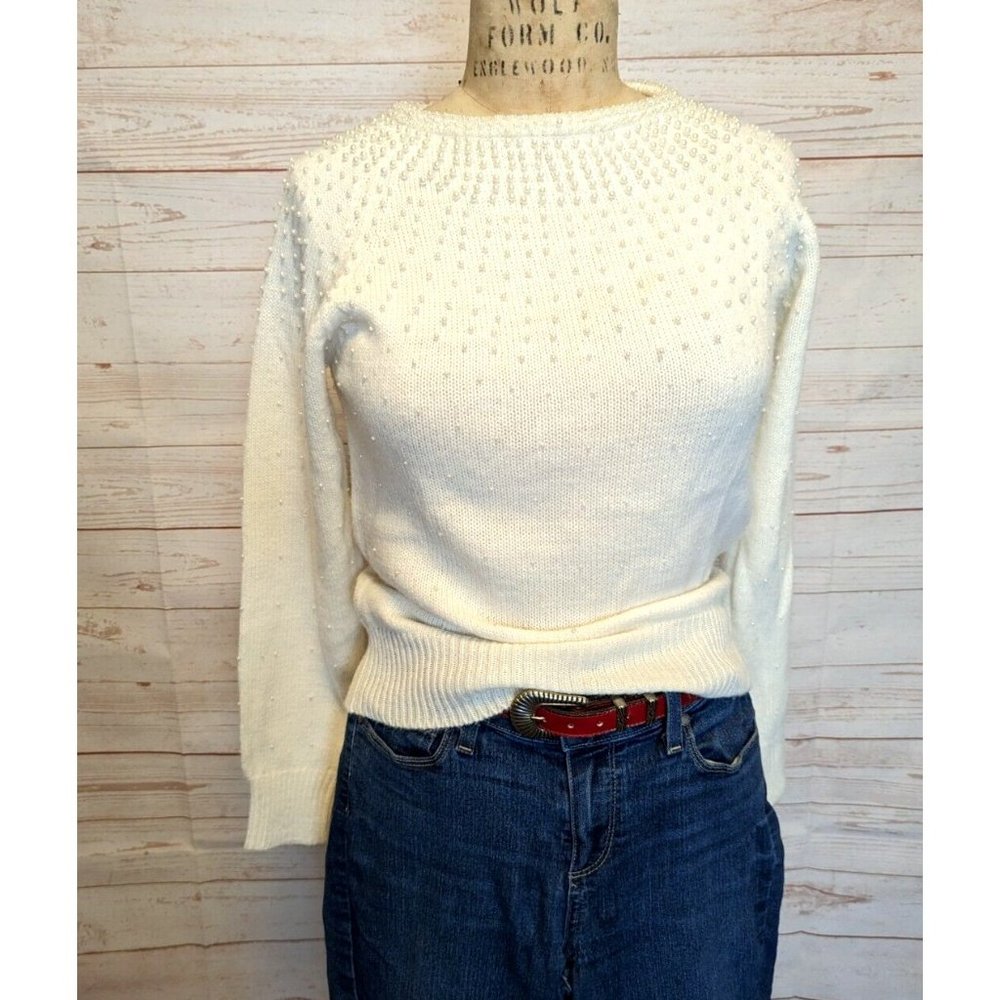 Vintage Currants by Jeri-Jo Sweater Women Size Small S Cream Knit Pearls Beading